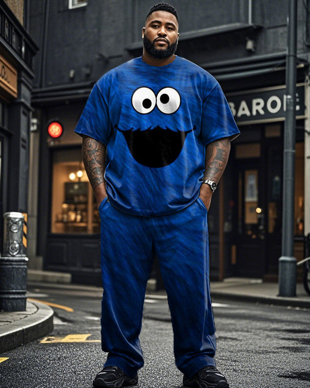 Cartoon Monster Print Short Sleeve T-shirt and Trousers Large Size Men's Suit