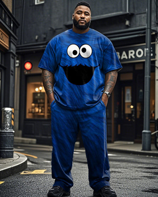 Cartoon Monster Print Short Sleeve T-shirt and Trousers Large Size Men's Suit