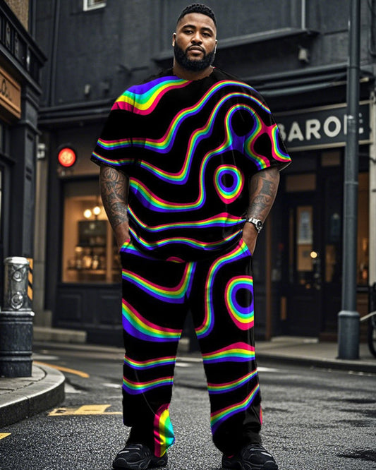 Colorful Personalized Striped Short-sleeved T-shirt and Trousers Plus Size Men's Suit