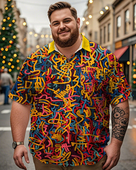 Colorful Graffiti Lapel Large Size Men's Short-sleeved Shirt
