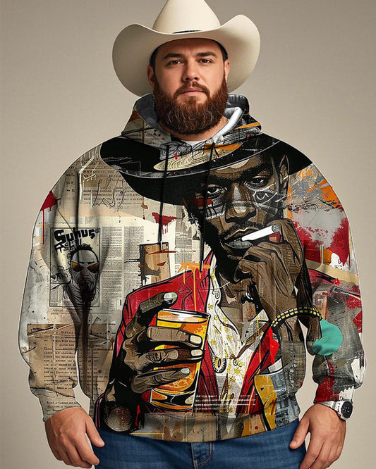 Western Graffiti Print Large Size Men's Hooded Sweatshirt