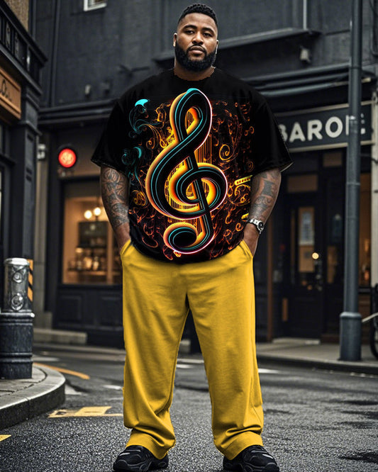 Note Print Short Sleeve Pants Plus Size Men's Suit