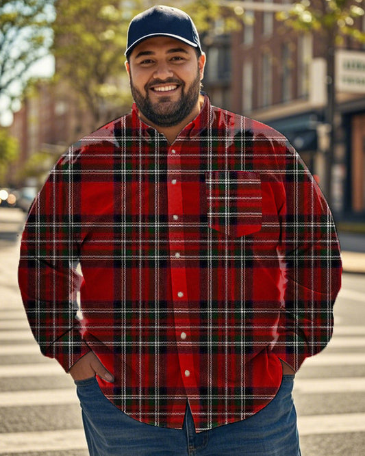 Men's Casual Plaid Print Long-sleeved Shirt with Lapel