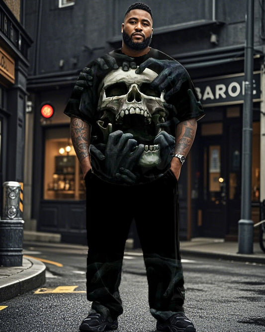 Skull Dark Print Short-sleeved T-shirt and Trousers Large Size Men's Suit