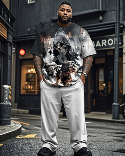 Dark Skull Poker Cards Short Sleeve T-shirt Trousers Large Size Men's Suit