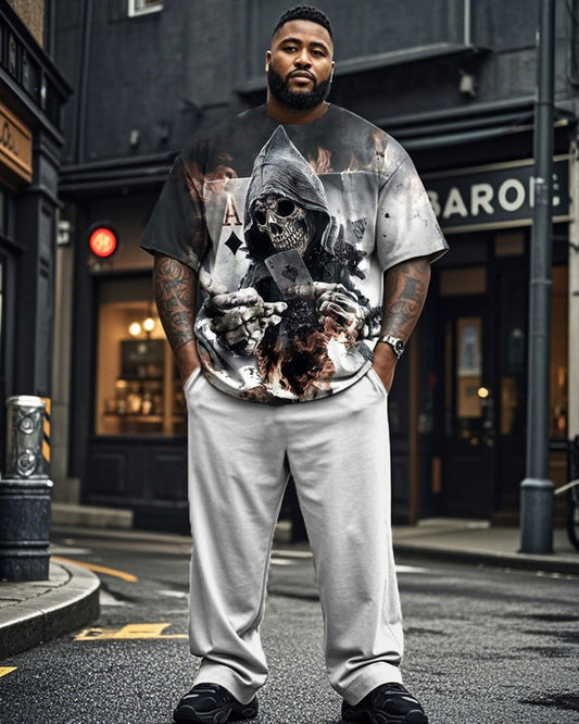 Dark Skull Poker Cards Short Sleeve T-shirt Trousers Large Size Men's Suit