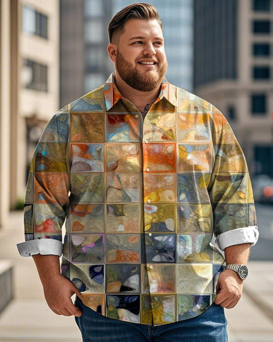 Vintage Geometric Lapel Long-sleeved Plus-size Men's Shirt