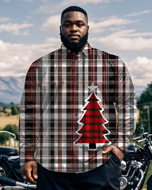 Plaid Christmas Tree Print Large Size Men's Long-sleeved Lapel Shirt