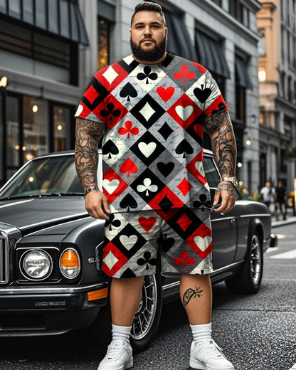 Mixed Color Diamond Check Printed Short Sleeve T-shirt Shorts Plus Size Men's Suit