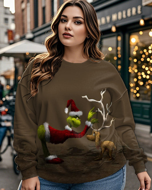 Christmas Monster Cartoon Print Large Size Women's Round Neck Sweatshirt