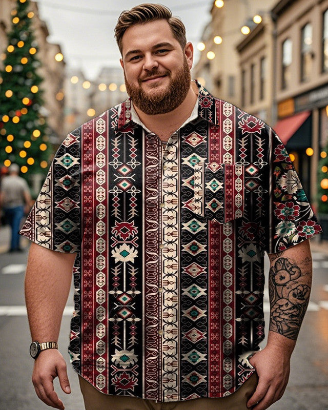 Men's Plus-size Short-sleeved Shirt with Ethnic Striped Printed Lapel