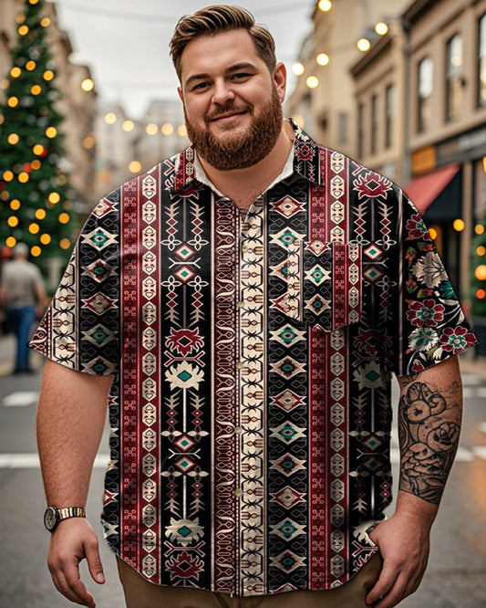 Men's Plus-size Short-sleeved Shirt with Ethnic Striped Printed Lapel