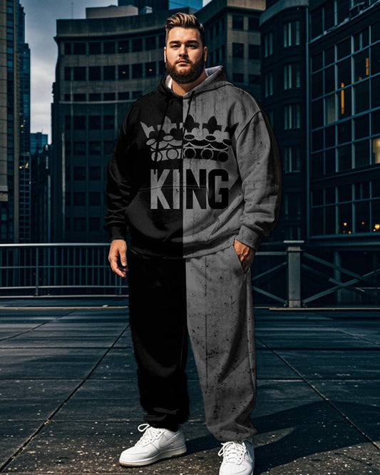 King Color Matching Printed Hoodie Pant Men's Plus-size Suit