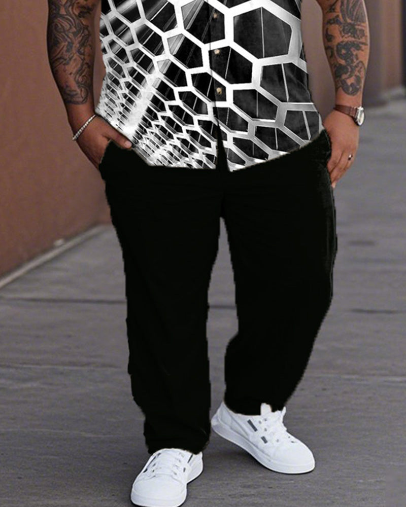 Geometric Line Plus-size Lapel Shirt and Pants Suit