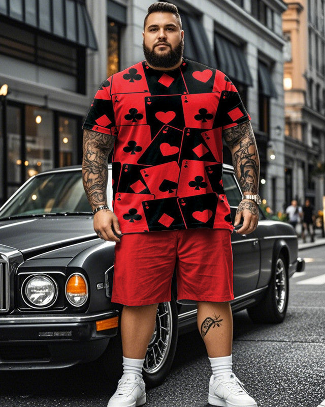 Poker Print Short Sleeve T-shirt Shorts Plus Size Men's Suit