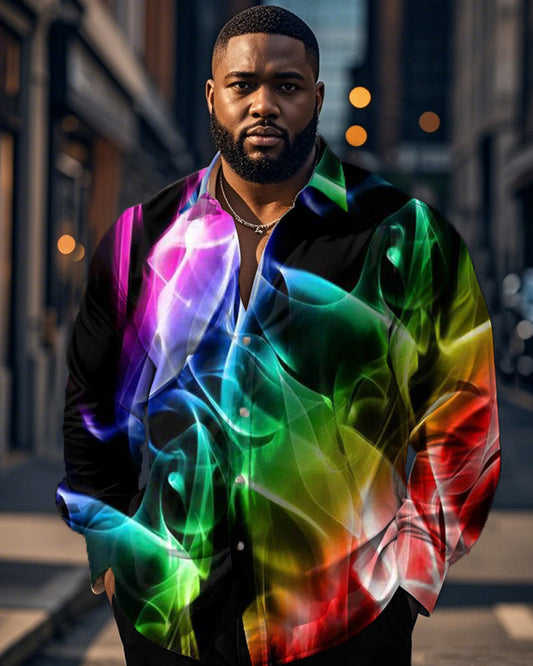 Men's Personality Color Combination Fireworks Print Large Size Long Sleeve Shirt