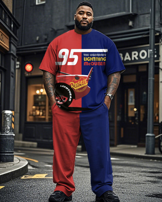 Racing Casual Print Short-sleeved T-shirt and Trousers Plus Size Men's Suit