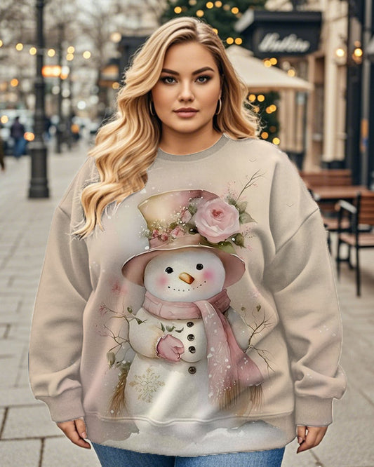 Ladies Cute Snowman Winter Print Round Neck Plus Size Top