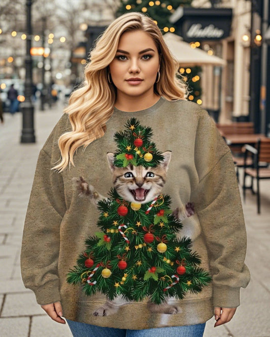 Ladies Cute Santa Kitty Print Crew-neck Plus Size Top