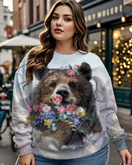Ladies Snow Mountain Bear Print Large Size Long Sleeve Crew-neck Top