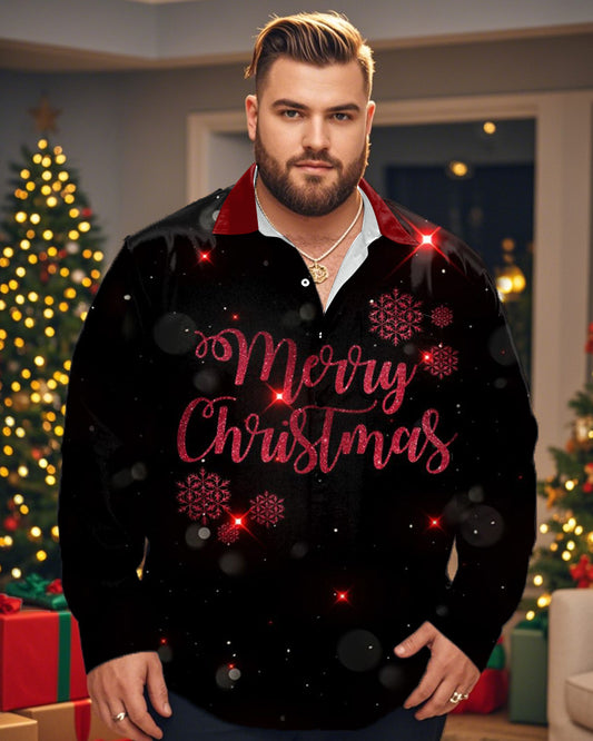 Merry Christmas Printed Large Size Men's Long-sleeved Lapel Shirt