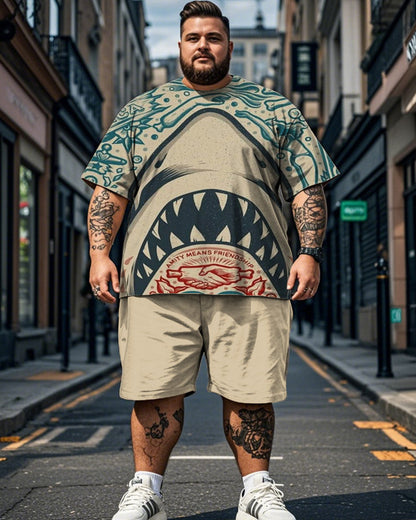 Japanese Shark Print Short Sleeve Shorts Plus Size Men's Suit