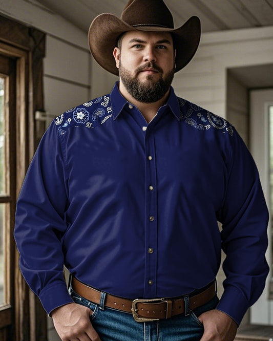 Western Colorblock Paisley Printed Oversized Men's Long Sleeve Shirt