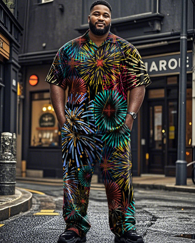 Colorful Oil Painting Fireworks Print Short-sleeved Shirt and Long Pants Plus Size Men's Suit