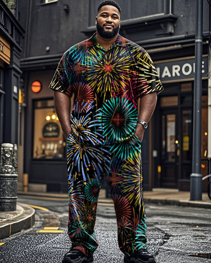 Colorful Oil Painting Fireworks Print Short-sleeved Shirt and Long Pants Plus Size Men's Suit