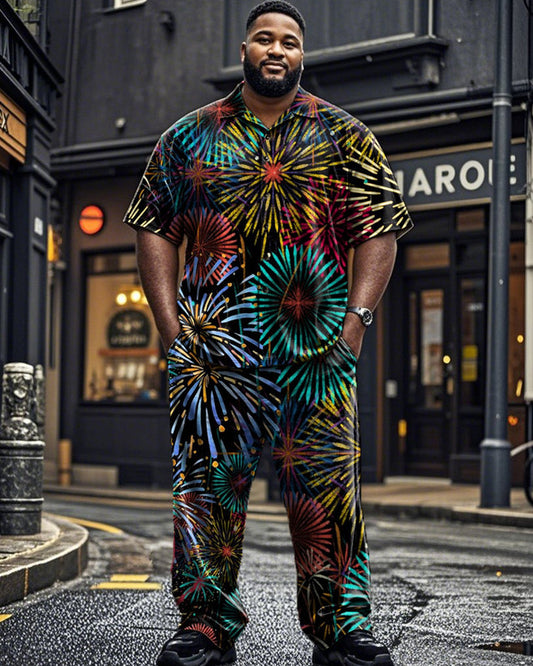 Colorful Oil Painting Fireworks Print Short-sleeved Shirt and Long Pants Plus Size Men's Suit