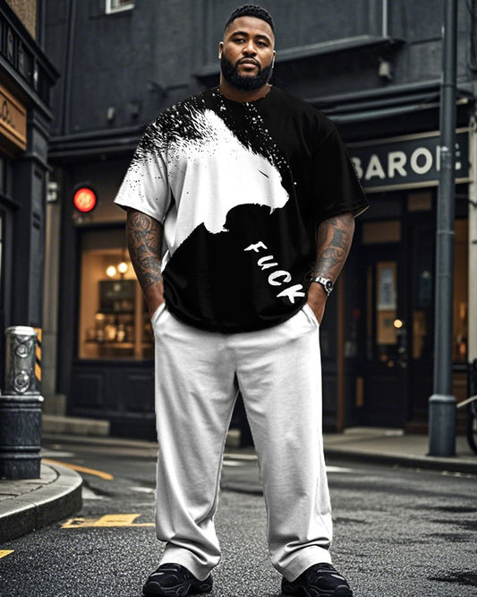 Color Matching Cat Print Round Neck Short Sleeve T-shirt and Trousers Plus Size Suit