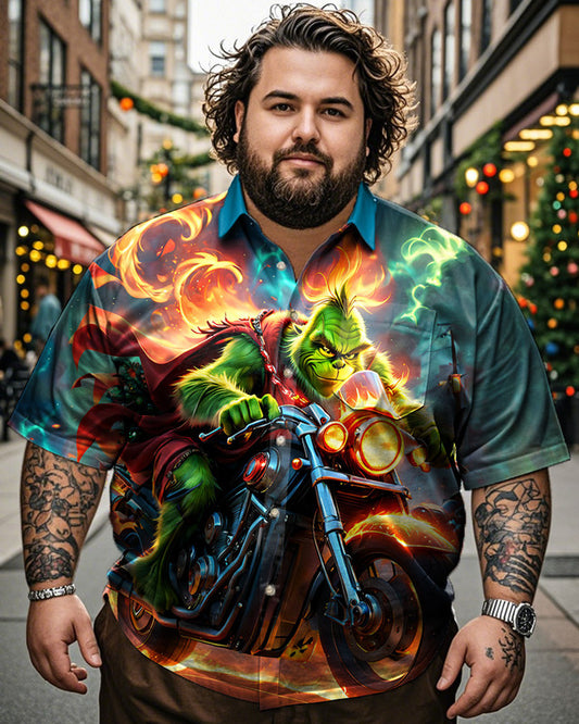 Christmas Cartoon Motorcycle Personalized Lapel Large Size Men's Short Sleeve Shirt