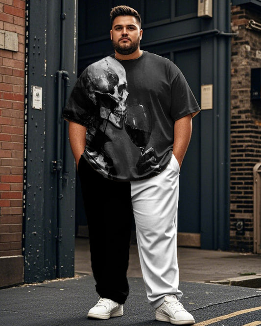 Colorblock Skull Large Size Men's Short Sleeve Trousers Suit
