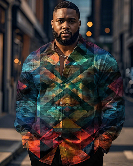Men's Personalized Color-changing Plaid Printed Large-size Long-sleeved Shirt
