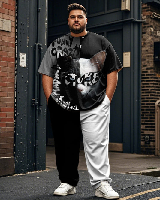 Colorblock Cat Plus Size Men's Short Sleeve Trousers Suit