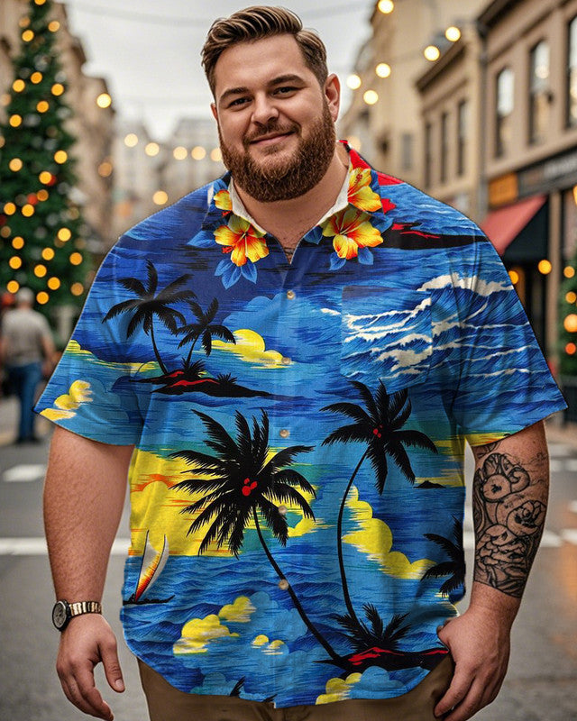 Coconut Tree Holiday Print Lapel Short-sleeved Plus-size Shirt
