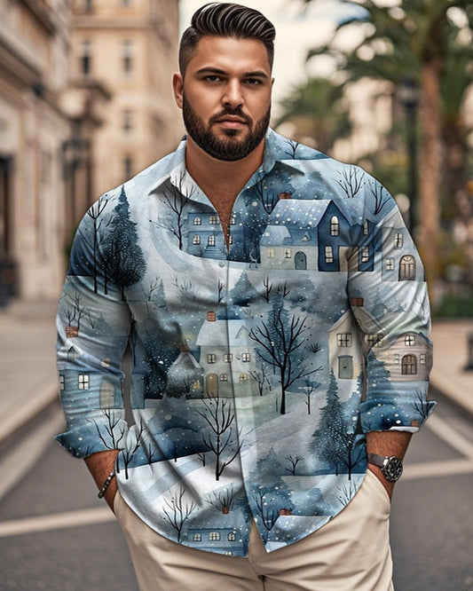 Men's Snow Personality Vintage Print Large Size Long-sleeved Shirt