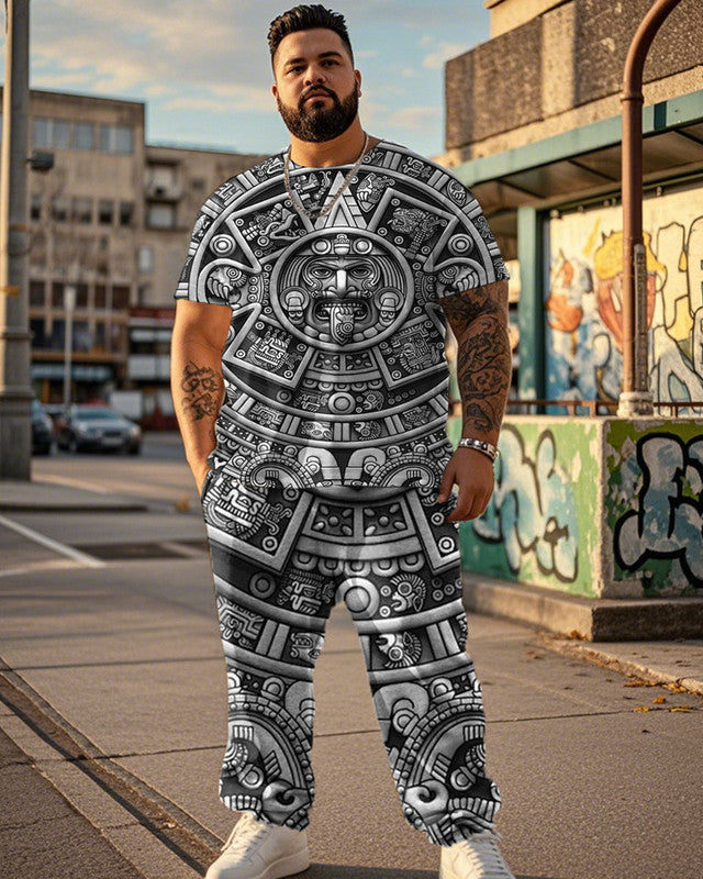 Viking Print Large Size Short Sleeve T-Shirt And Trousers Men's Two-Piece Set