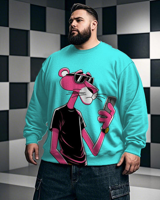 Men's Pink Panther Color Matching Cartoon Plus-size Round Neck Long Sleeve Top