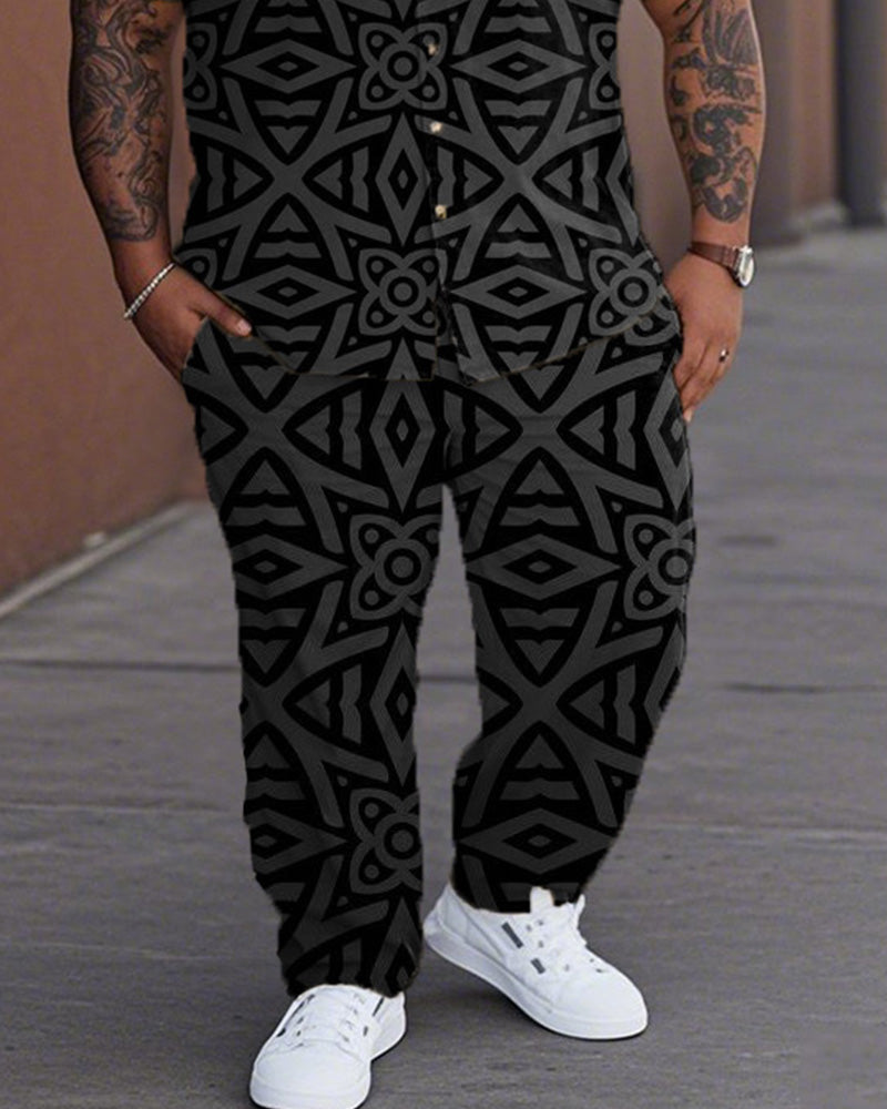 Men's Casual Large Size Short-sleeved Shirt and Trousers with Floral Pattern