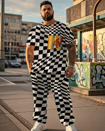 MTV Checkerboard Printed Large Size Short Sleeve Men's Suit