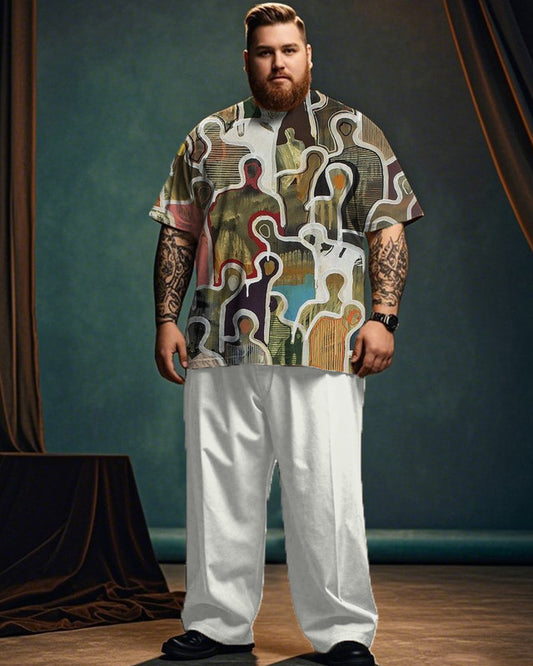 Oil Painting Stickman Print Short-sleeved T-shirt and Trousers Large Size Men's Suit