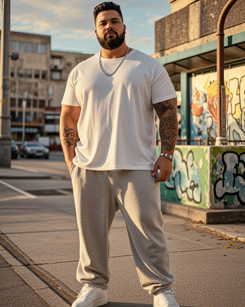 Solid Color Round Neck Plus Size Short Sleeve T-shirt + Trousers Men's Suit
