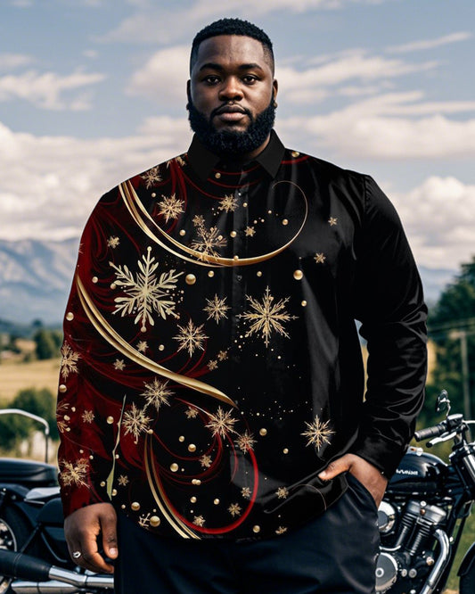 Christmas Print Plus Size Men's Long-sleeved Lapel Shirt