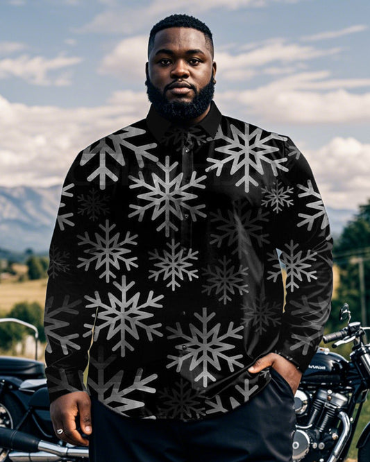 Personalized Snowflake Print Large Size Men's Long-sleeved Lapel Shirt