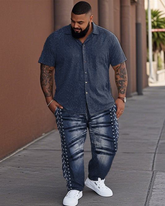 Fake Denim Plus-size Lapel Shirt and Pants Suit