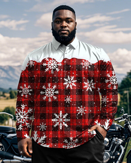 Christmas Snow Plaid Plus-size Men's Long-sleeved Lapel Shirt