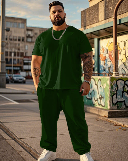 Solid Color Round Neck Plus Size Short Sleeve T-shirt + Trousers Men's Suit