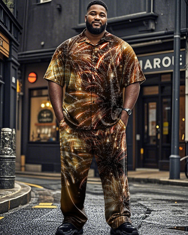 Fireworks Print Short Sleeve Shirt and Pants Plus Size Men's Suit