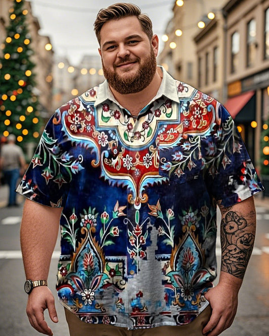 Ethnic Style Vintage Print Lapel Large Size Men's Short-sleeved Shirt